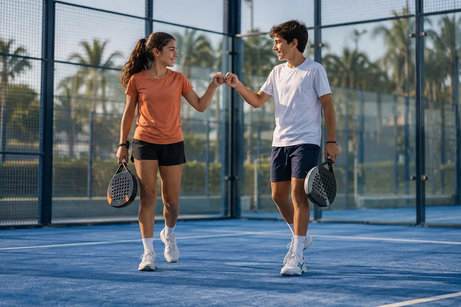 Dos jóvenes comparten un momento de equipo en una pista de pádel